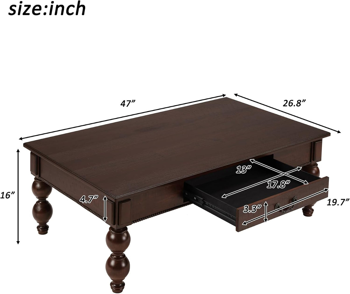 Rectangular Wooden Coffee Table with Storage Drawer, Vintage Cocktail Table with Solid Wood Gourd-Shaped Legs for Living Room