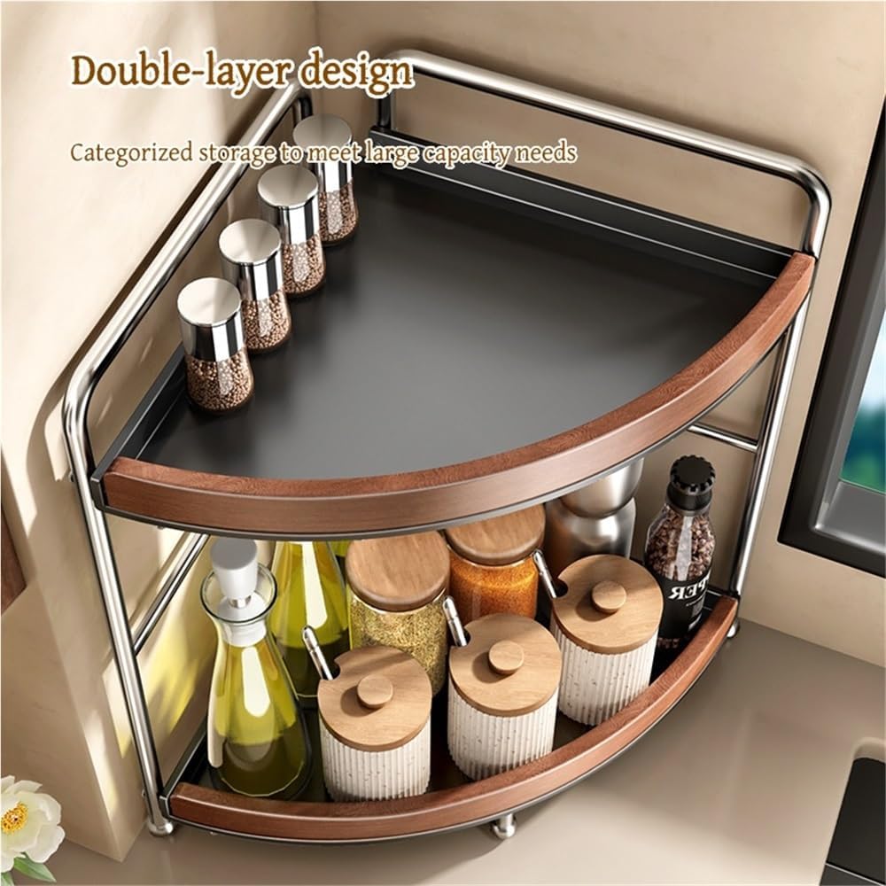 Corner Spice Rack with Metal Frame, Vintage 2-Layer Seasoning Organizer, Countertop Spice Organizer, Multifunctional Corner Shelf for Kitchen or Dining Room