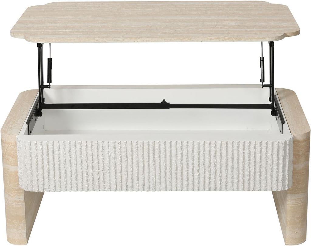 39' Lift Top Coffee Table with Hidden Storage, Faux Marble Lift Pull Up Tabletop for Living Room, Modern Wooden Rectangular Coffee Table, Beige Mars Pattern