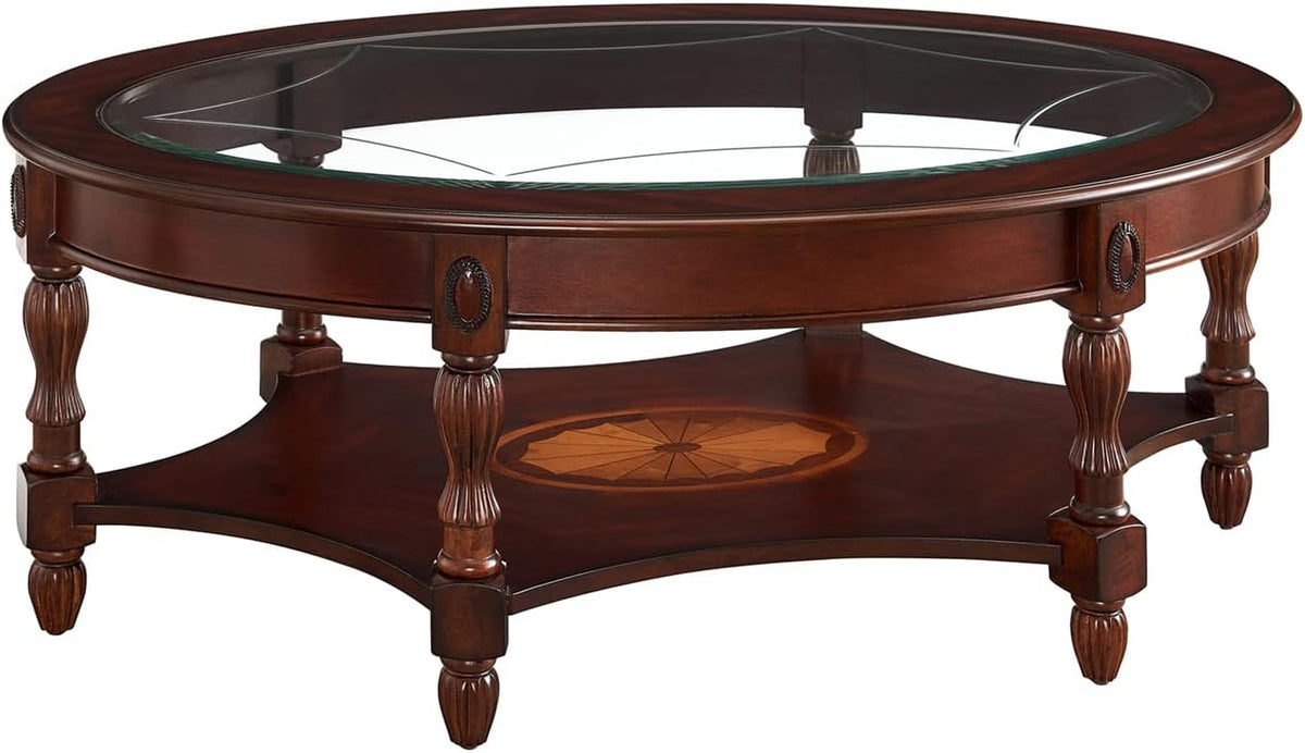 Solid Wood Oval Coffee Table with Tempered Glass Top, Vintage Carved Edge Center Table, 45' x 18', Cherry Walnut Finish for Living Room