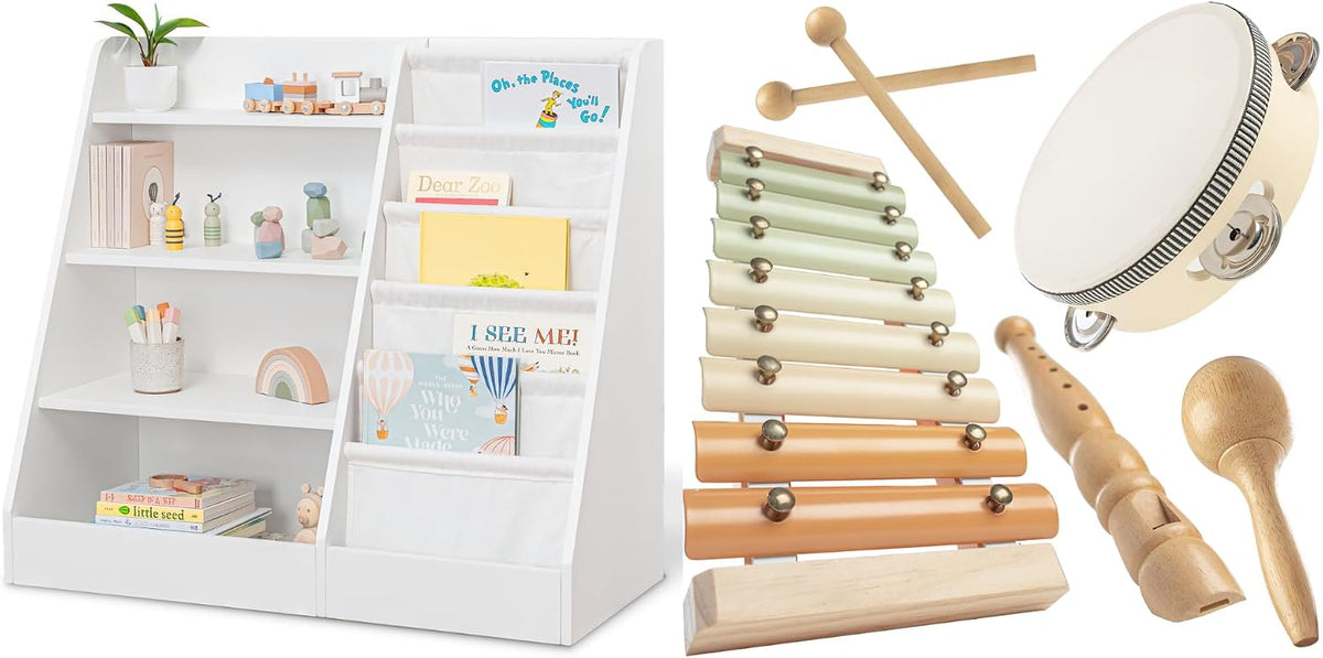 Comfy Cubs Kids Bookshelf and 4-Piece Kids Musical Instruments Set Bundled