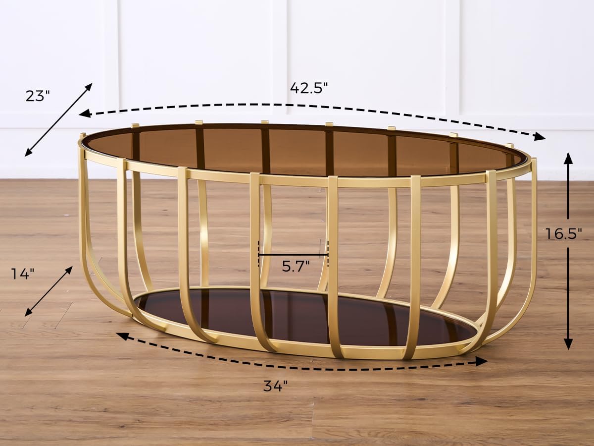 Shrine Gold Oval Glass Coffee Table, Mid-Century Modern Design, 2-Tier Structure, Brown Glass Top and Shelf, 42.5' D x 22.8' W x 16.5' H, Glam Gold Metal Cage-Frame