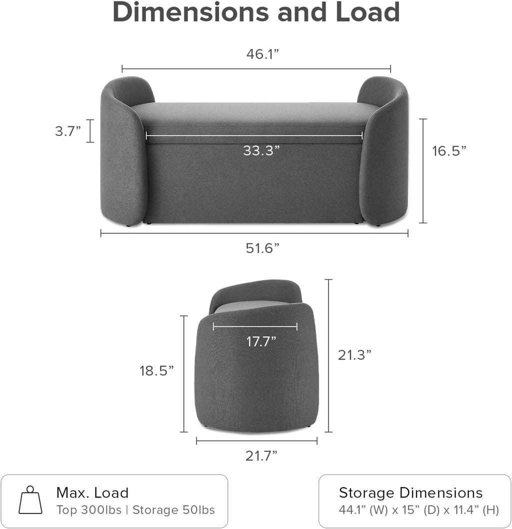 mopio Sophie 51' Ottoman Storage Bench, Entryway and Window Seating, End of Bed Curved Stool for King & Queen Bed, Storage Chest for Bedroom (Dark Gray Fabric)