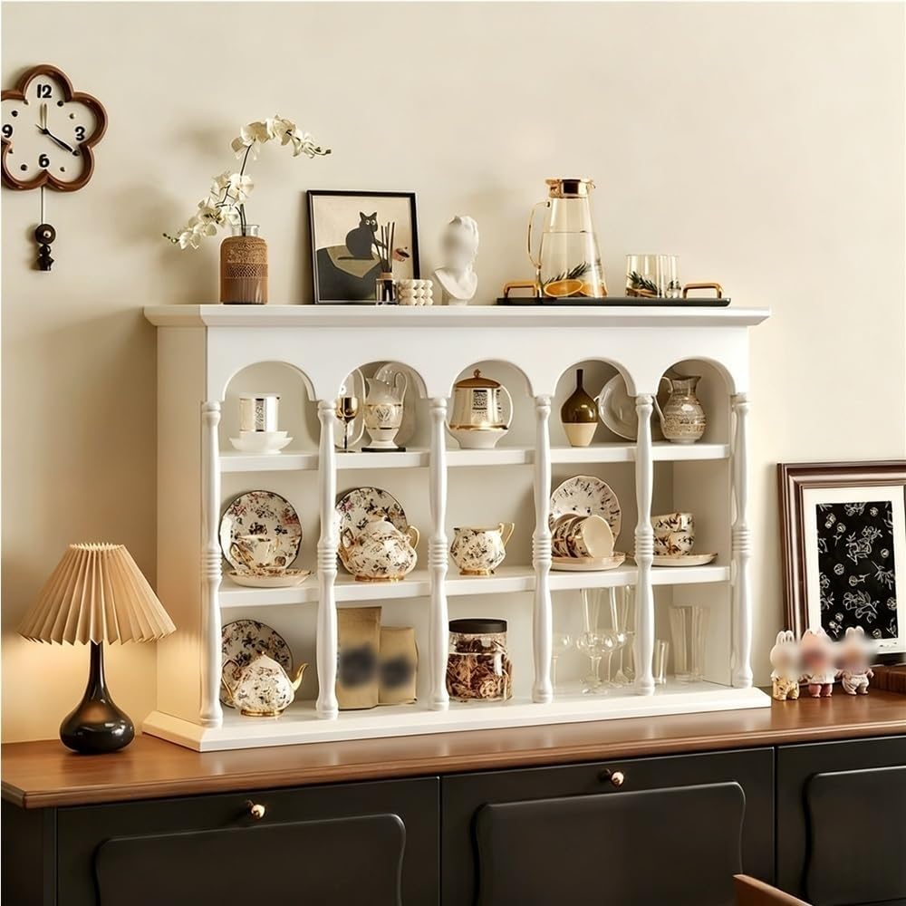 Rustic Coffee Mug Display Rack, Floating Solid Wood Mug Rack, Farmhouse Countertop Cup Holder, Space Saving Wall Mounted Vintage Kitchen Countertop Cup Organizer(White,28.7''x19.3''x5.9'')