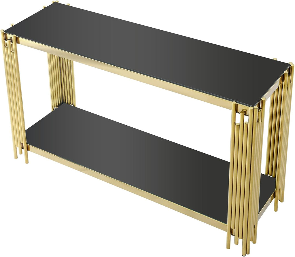 Modern Glass Console Table, 55' Entryway Sofa Table with Gold Stainless Steel Frame and Black Glass Top, Luxury Rectangular 2-Tier Console Table with Storage Shelves for Living Room
