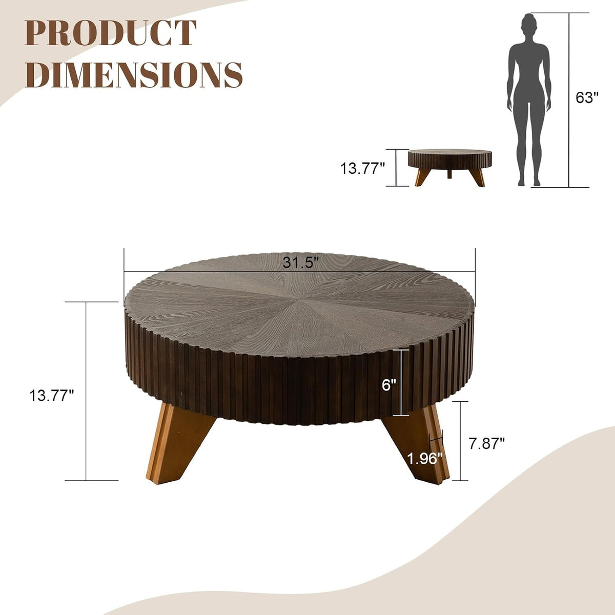 31.5'' Round Coffee Table Wood, Small Circle Coffee Table for Living Room Unique Fluted Center Table Mid Century Modern Tea Table with Solid Wood Veneer and Sturdy 3 Legs, Easy Assembly, Brown