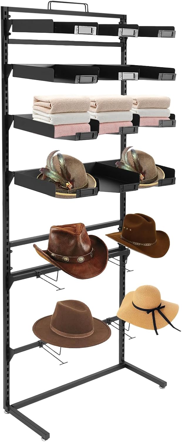 Large Hat Rack Stand - 6 Tier Adjustable Ball Cap Storage Organizer With 12 Trays, Standing Coat Rack, Commercial Home Use, Black Metal