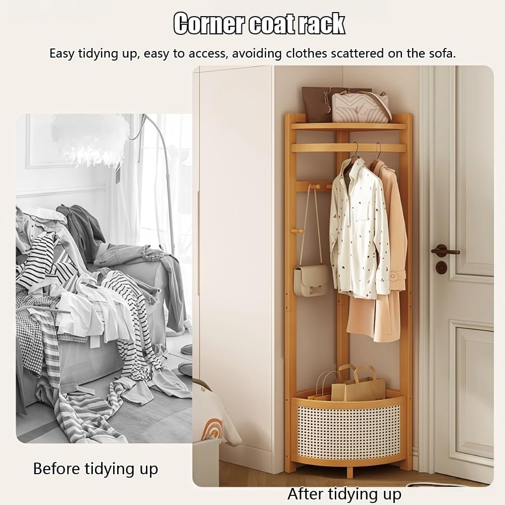 Corner Clothes Rack with Laundry Basket, Freestanding Coat Rack with Hooks, Wooden Corner Hall Tree with Storage Shelf for Bedroom, Entryway, Small Spaces(Natural)