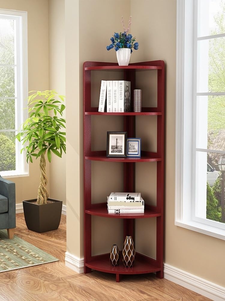 Wall Corner Bookshelf, 5-Tier Corner Shelf Wooden Corner Bookshelf Corner Stand Display Plant Flower Corner Bookcase for Living Room Corner Shelf Plant Stand(B)