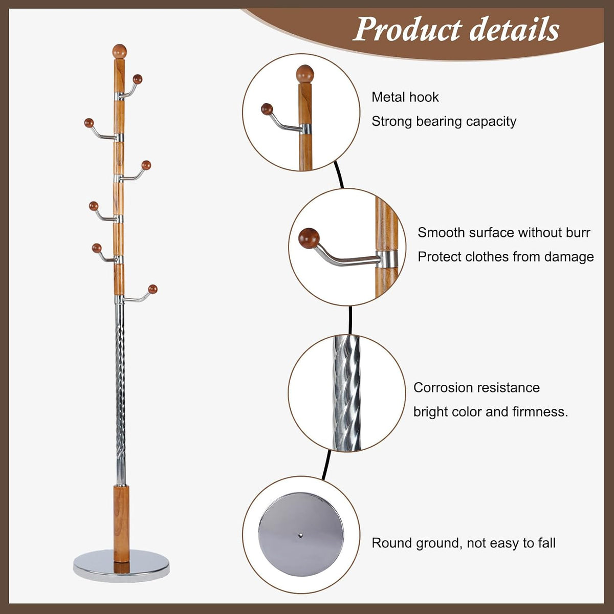 Wooden Coat Rack Freestanding, Vintage Coat Racks with Sturdy Round Base, Adjustable Height 37.40'-72.83' Entrance Coat Rack for Bedroom Living Room Entryway (Solid Wood Metal Hook)
