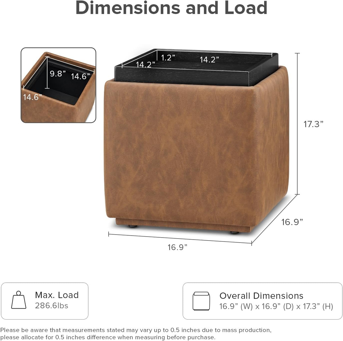 mopio Levi Storage Ottoman with Reversible Tray, Modern Square Chest Coffee Table, Upholstered Cube Sitting Foot Stools Ottoman for Living Room, Bedroom, Entryway (Faux Leather, Pecan Brown)
