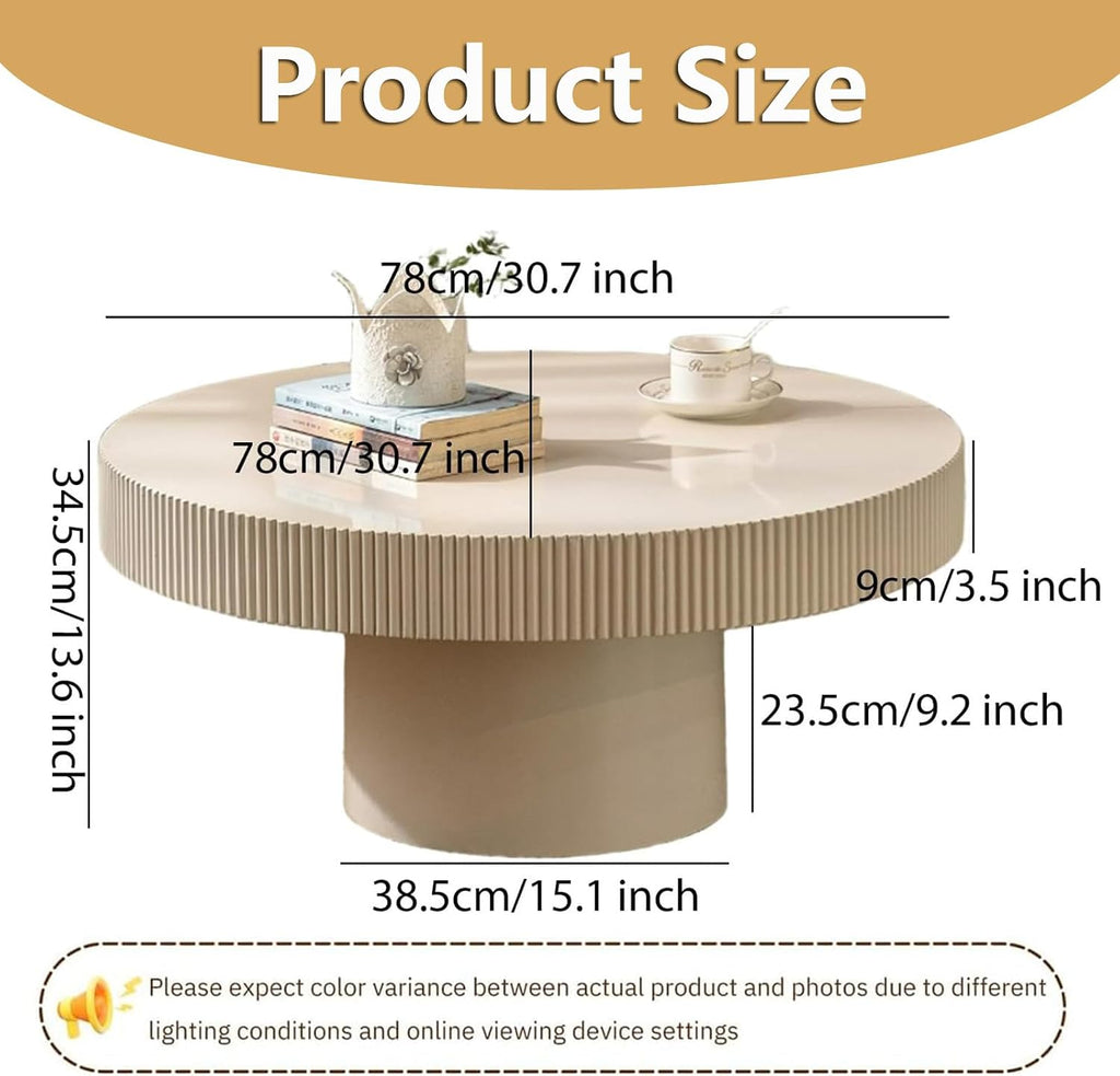 Cream Rustic Drum Round Coffee Table Modern Circle Center Table Circular Vintage Fluted Coffee Tables with Stable Pedestal, for Living Room Bedroom Farmhouse Office (P31.49IN)