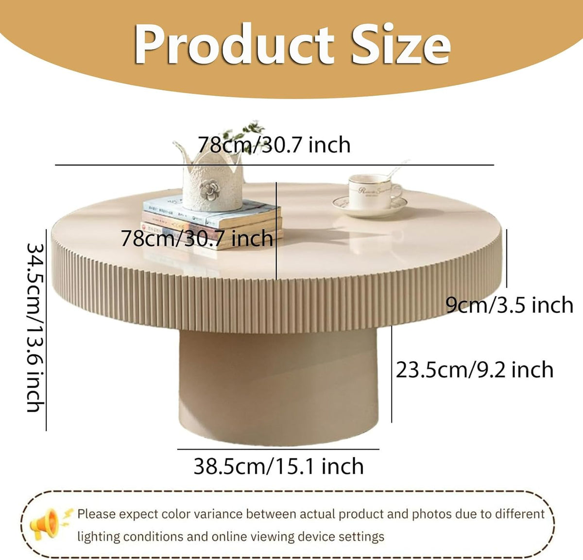 Cream Rustic Drum Round Coffee Table Modern Circle Center Table Circular Vintage Fluted Coffee Tables with Stable Pedestal, for Living Room Bedroom Farmhouse Office (P31.49IN)