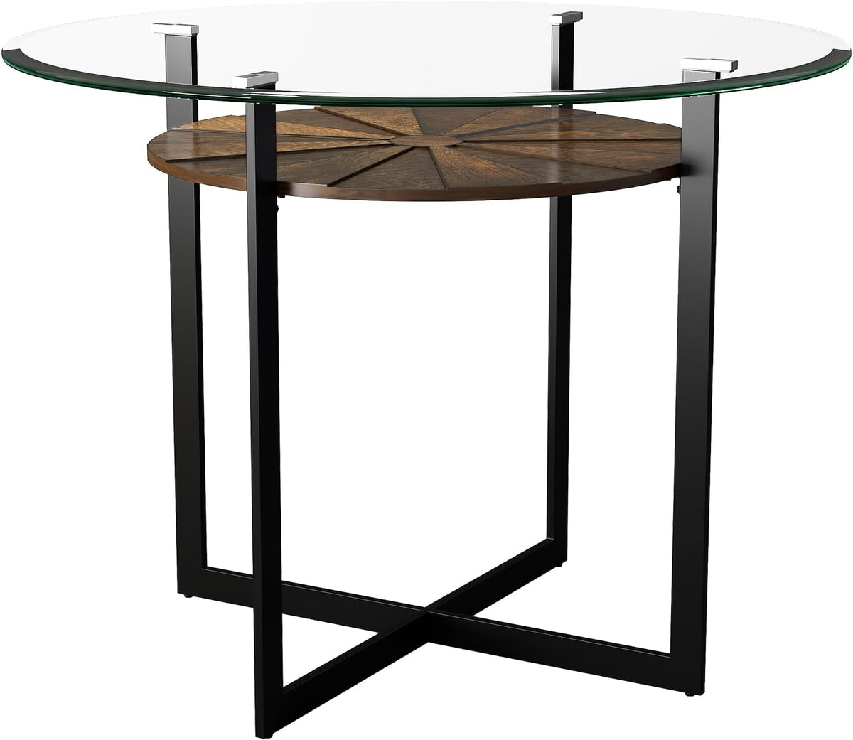 Round 45' Dining Table with 10mm Tempered Glass Top, Circle Dinner Pedestal Table for Dining Room Modern Industrial Kitchen Tables with Wood Brown Shelf and Black Metal Leg Easy Assembly CZ-B2616