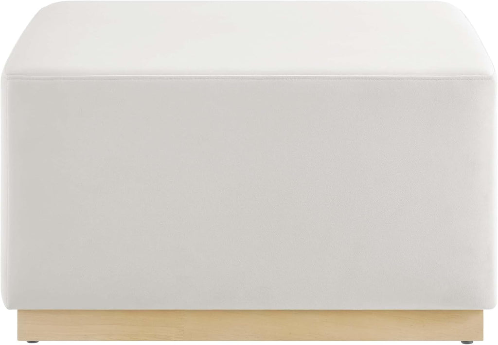 Modway Tilden 28 Inch Square Performance Velvet Upholstered Ottoman in Alabaster Natural - Large Ottoman Foot Rest with Rubberwood Plinth Base, Living Room Ottoman Coffee Table - Velvet Ottoman Table
