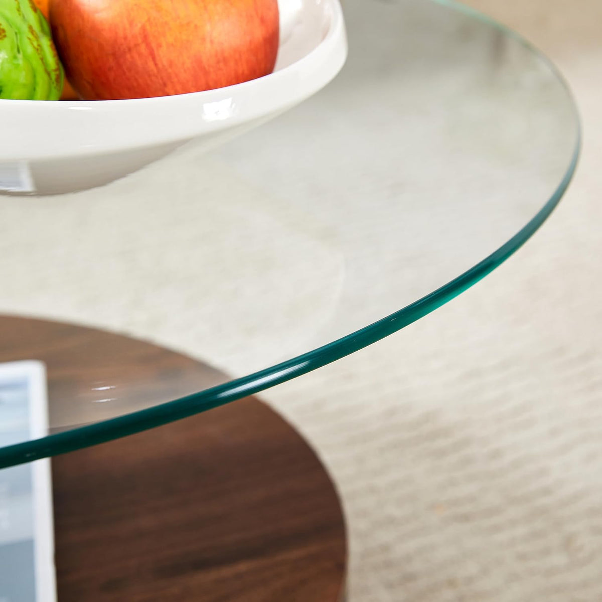 Ebullient Modern Round Glass Coffee Table, 3-Tier Wood Base Geometric Center Table for Living Room, Contemporary Accent Furniture, 35.4 Inch