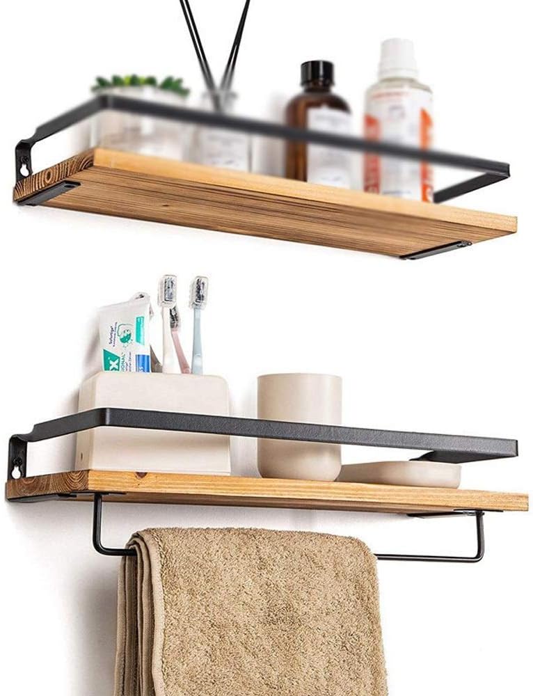 2 Pcs/Set Wall Mount Rack Wooden Kitchen Bathroom Storage Rack Holder Home Organizer Antique Wall Shelf Tray with Towel Bar (Color : B) (A)