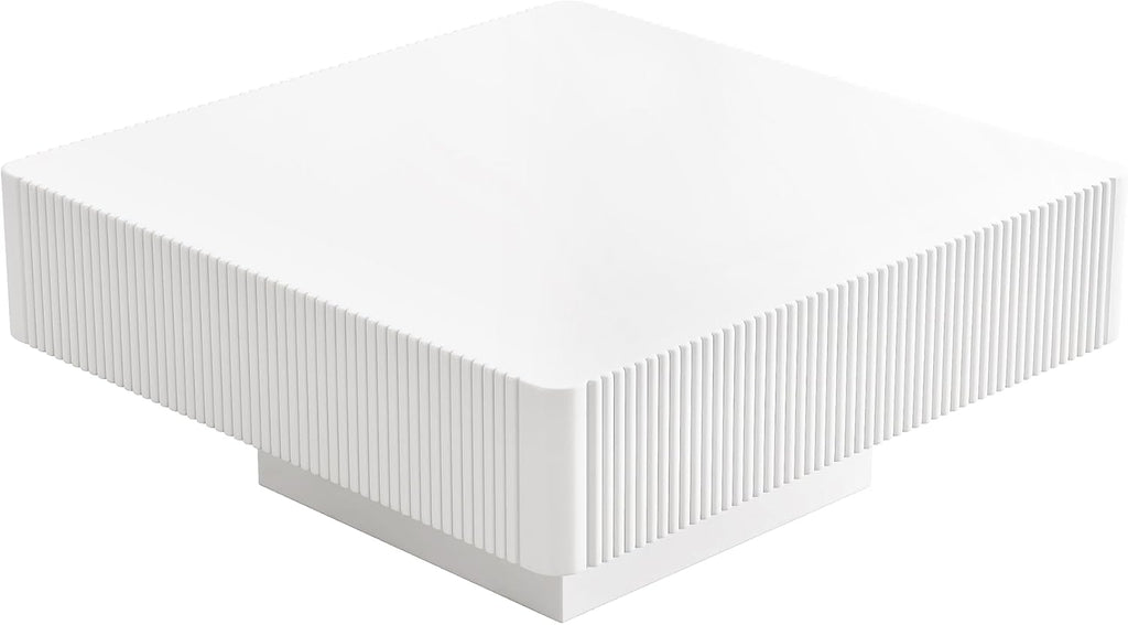 JUSTONE 31.6' Wide Square Coffee Table with 7.1' Thick Tabletop, Modern Black Fluted Drum Design, Sturdy Base Accent Table for Living Room, Easy Assembly(White