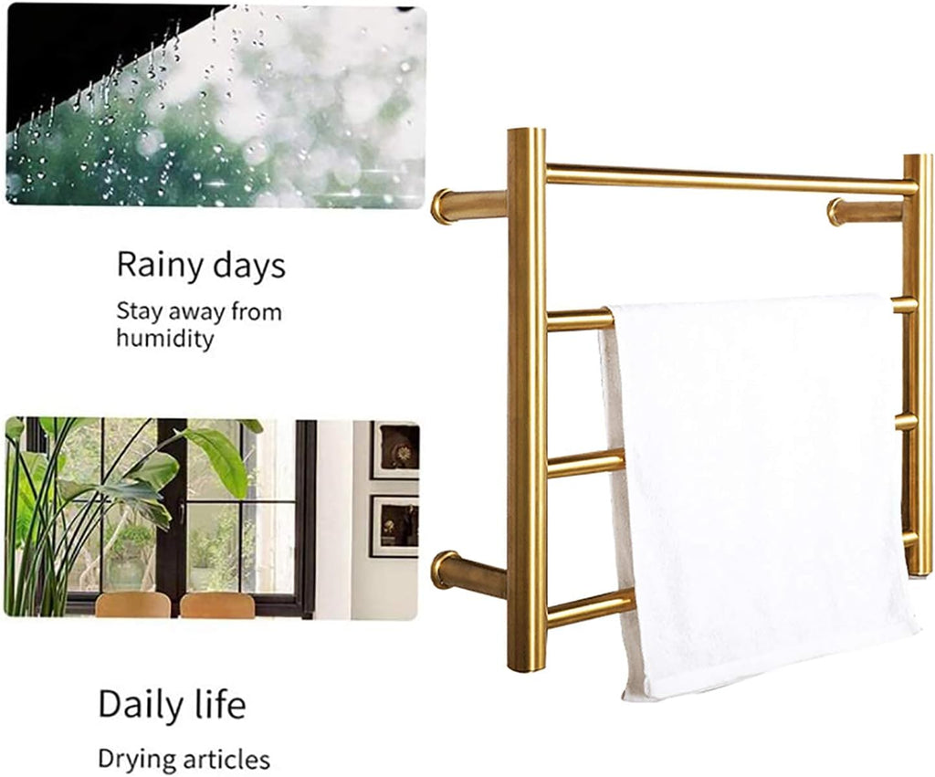 Towel Warmer, Gold Electric Towel Rack with 4 Round Bars 304 Stainless Steel Heated Towel Bar Drying Rack Wall Mounted Bath Towel Dryer