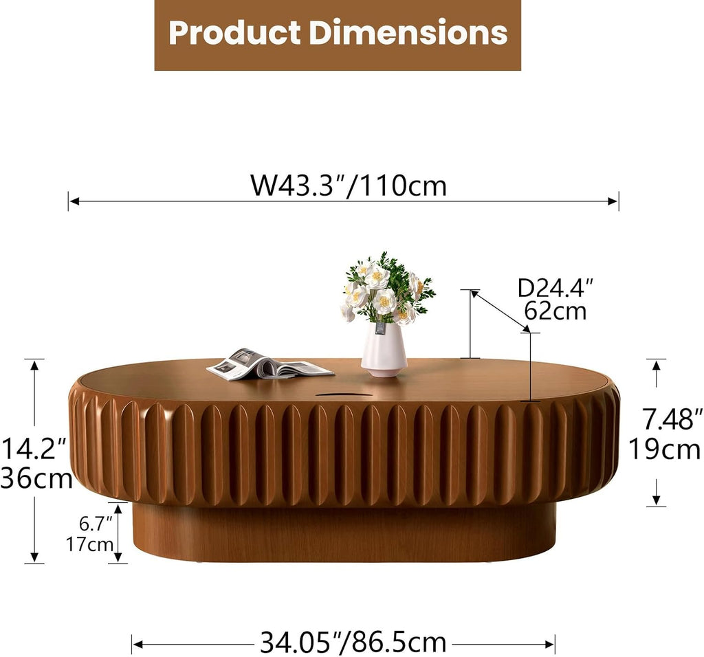 43.3'' Oval Coffee Table with Storage Modern Fluted Drum Coffee Tables with Solid Wood Veneered, Accent Center Table Tea Table for Living Room, Apartment, Home, Office (Brown Oval43.3)