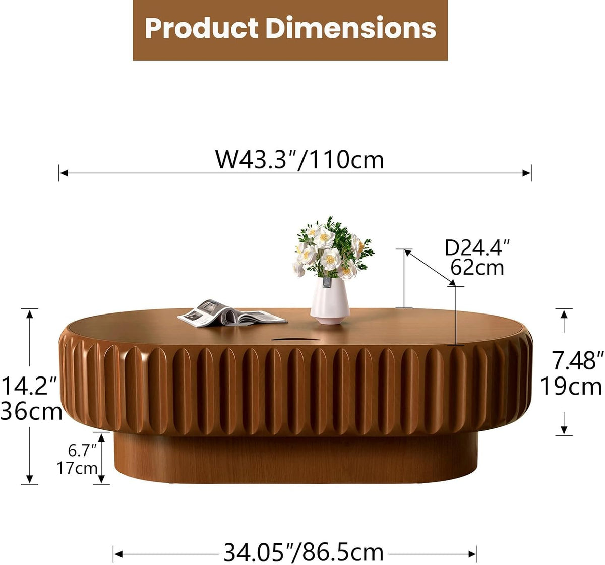 43.3'' Oval Coffee Table with Storage Modern Fluted Drum Coffee Tables with Solid Wood Veneered, Accent Center Table Tea Table for Living Room, Apartment, Home, Office (Brown Oval43.3)