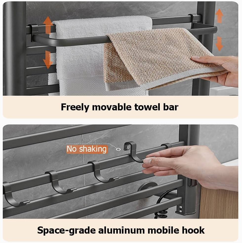 Modern Heated Towel Warmer Rack for Bathroom,Freestanding Electric Towel Heater with Hooks and Shelves,Timer&Temperature Adjustment,12 Bars Bath Towels Warming Holder,Left line