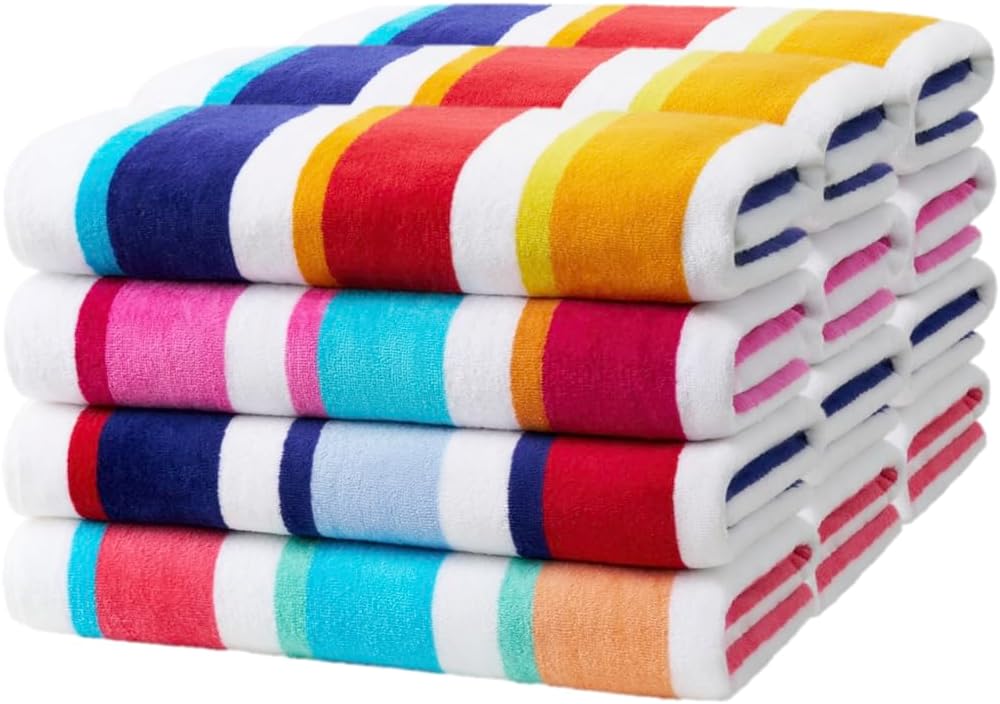Kaufman - Joey Velour Colored Classic Multi-Color Stripe Beach & Pool Towel - Large 100% Combed Cotton Beach Towel - Soft & Absorbent Colorful Towels - 32' x 62' - 12 Pack