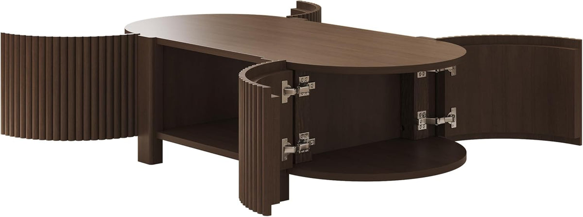 Oval Coffee Table with Storage, Fluted Coffee Table with Shelves and 2 Open Doors, Center Table for Living Room, Bedroom, Apartment or Office, Walnut