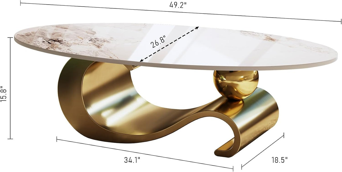 Oval Coffee Table with Sintered Stone Top, 49' Luxury Modern Center Table with Marble Pattern Table Top & Gold Stainless Steel Base, Easy to Clean Unique Furniture for Living Room, Office