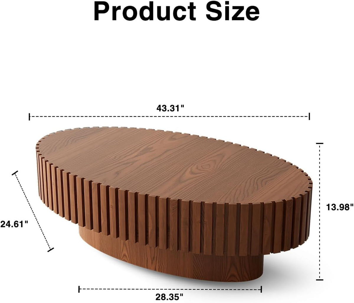LKTART Oval Drum Coffee Table Handcrafted Relief Sturdy Pedestal Wooden Olive-Shaped Tea Table for Living Room,Brown,43''L×25''W×14''H