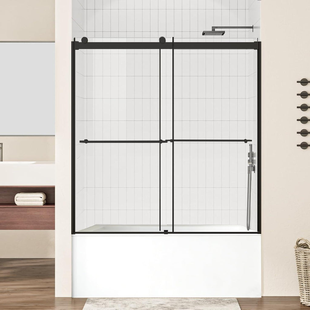Bathbliss 60' Wx60 H Shower Door, Sliding Shower Door for Bathtub, 5/16' (8mm) Tempered Glass Shower Door with Towel Holder and Soft-Close Silent Rollers, Matte Black