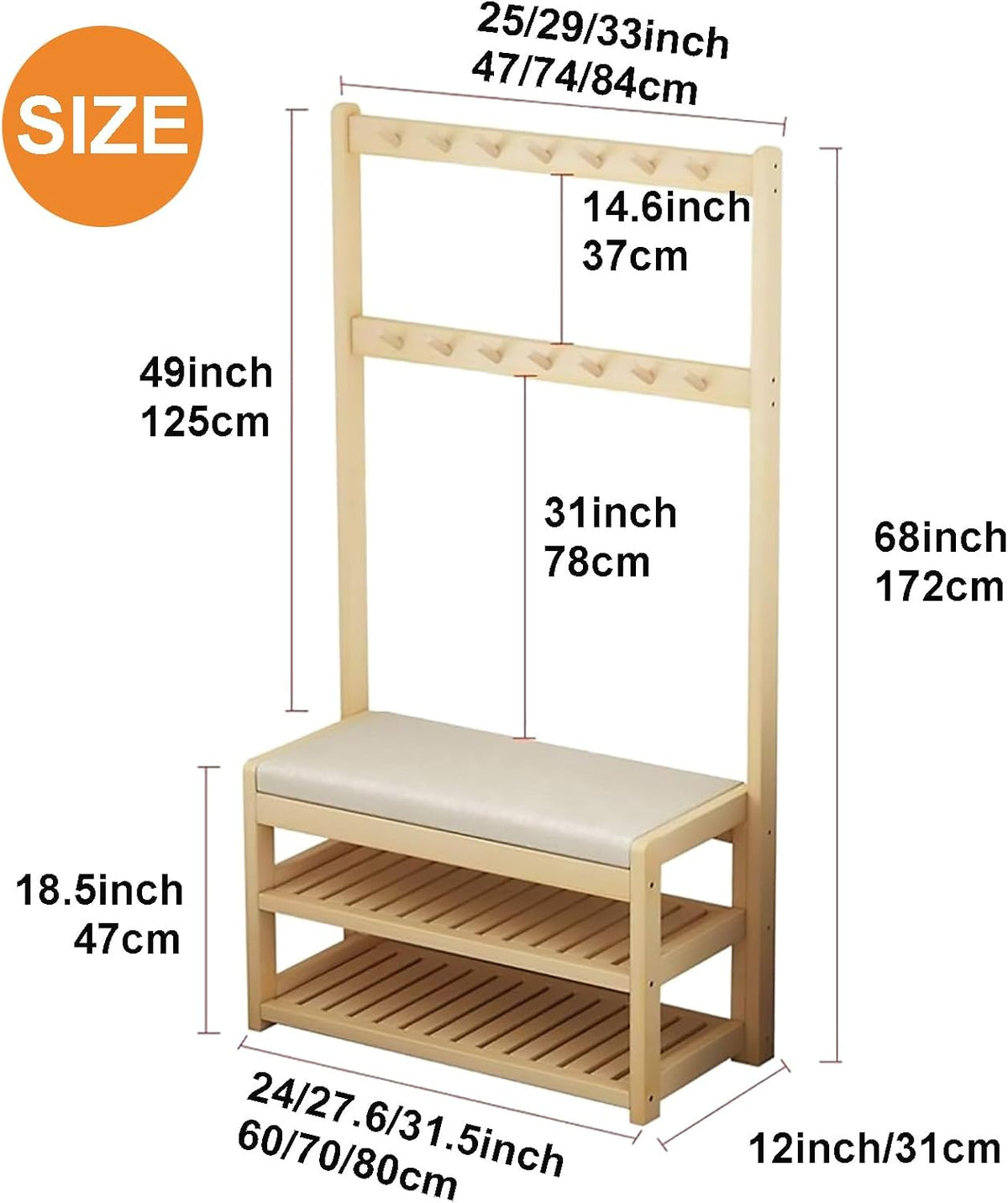 Floor-Standing Solid Wood Rotating Coat Rack，3 in 1 Entryway Hall Tree with 10 Hooks and 2 Tier Shoe Bench Wooden Coat Rack and Shoe Storage for Bedroom Hallway Office Beige (23.6inch)