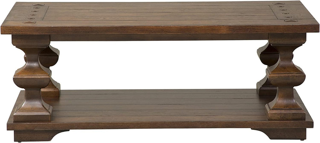 Pemberly Row Traditional Wood Cocktail Table, Brown Finish, Spanish Style Turned Legs, Heavy Planked Top, Bottom Shelf, Square Peg Accents, 50 in Wide Coffee Table for Living Room Storage and Display