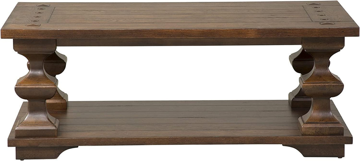 Pemberly Row Traditional Wood Cocktail Table, Brown Finish, Spanish Style Turned Legs, Heavy Planked Top, Bottom Shelf, Square Peg Accents, 50 in Wide Coffee Table for Living Room Storage and Display