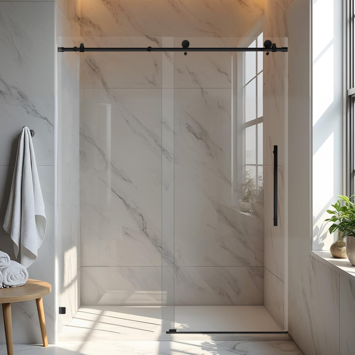 Shower Door 56-60' W x 76' H, Single Sliding Design Frameless Glass Shower Door, 5/16'(8mm) SGCC Tempered Glass Bathroom Sliding Door, Matte Black Finish, 304 Stainless Steel Hardware