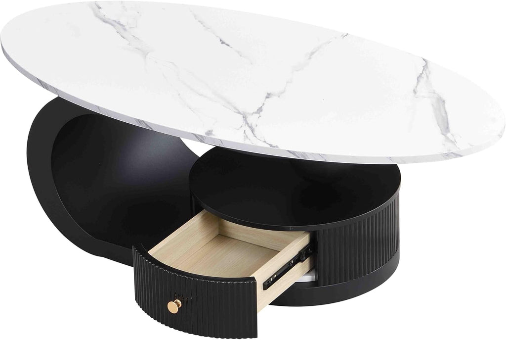 Modern Nesting Coffee Table Set of 2, Oval and Round Coffee Table Set for Living Room, Faux Marble Coffee Table and Round End Table, Luxury Living Room Accent Table for Apartment (Black with Drawer)