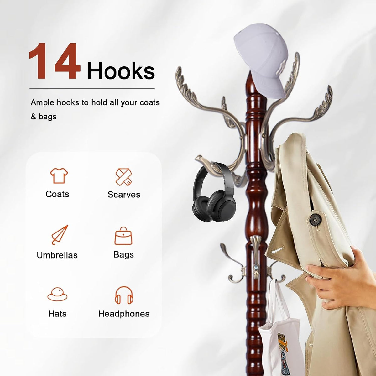 Wooden Coat rack freestanding, Coat racks stand with 14 Hook, Heavy duty coat tree standing 3 Adjustable Heights for Bedroom, Entryway, Hallway, Office,Stury Base (Metal Phoenix Hook)