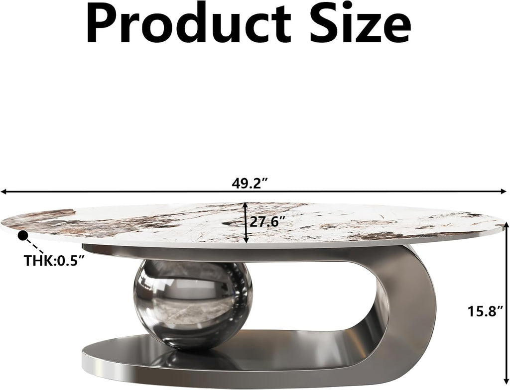 Marble Texture Coffee Table for Living Room,Modern Oval Coffee Table with Silver Stainless Steel Base for Office