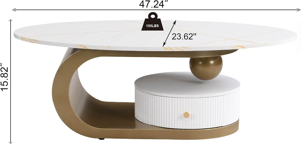 Modern Oval Coffee Table Set of 2, White Nesting Coffee Tables with Storage Drawer for Living Room, Faux Marble Coffee Table and Round End Table Luxury Living Room Accent Table for Apartment,Gold