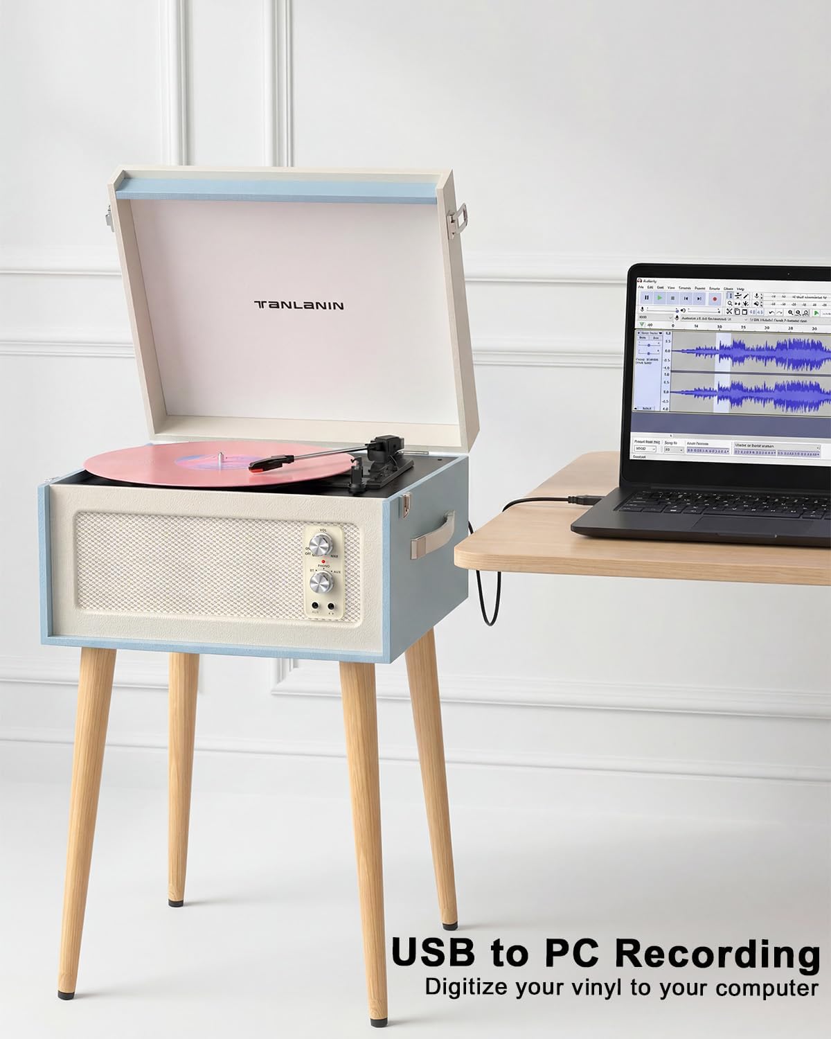 Vintage Standing Blue Vinyl Record Player with Detachable Legs, Built-in 4 Speakers, USB to PC Encoding, 33/45/78 RPM LP Player Bluetooth Retro Turntables Support Headphone Jack, RCA Out, AUX in