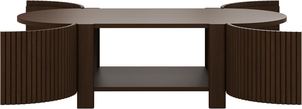 Oval Coffee Table with Storage, Fluted Coffee Table with Shelves and 2 Open Doors, Center Table for Living Room, Bedroom, Apartment or Office, Walnut