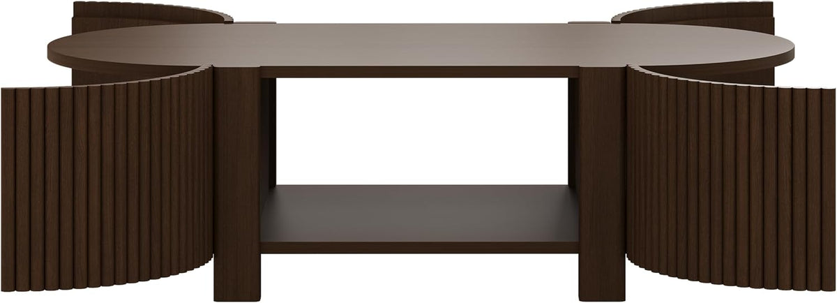 Oval Coffee Table with Storage, Fluted Coffee Table with Shelves and 2 Open Doors, Center Table for Living Room, Bedroom, Apartment or Office, Walnut