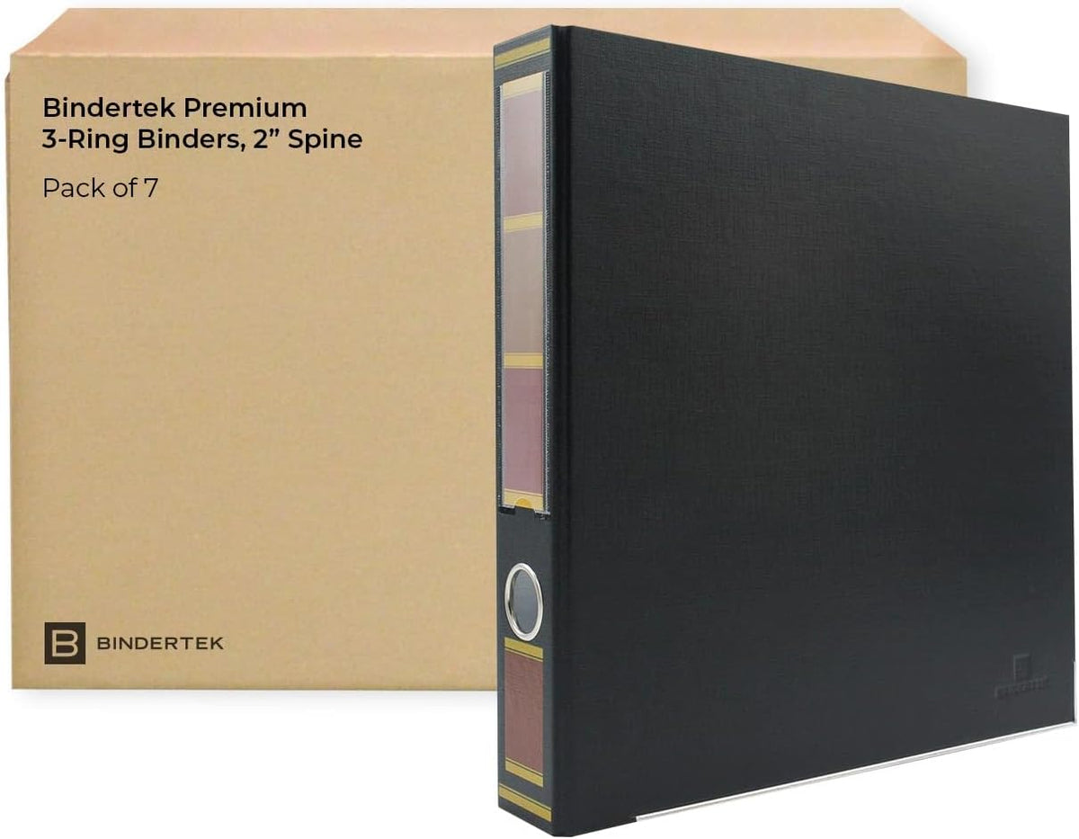 Bindertek 3-Ring Premium Binder, Pack of 7 - Barrister Black, 2' Spine Width, 325 Sheet Capacity, 1.25' D-Rings, Linen-Textured Covers, Steel Reinforced Edges, Spine Label Included