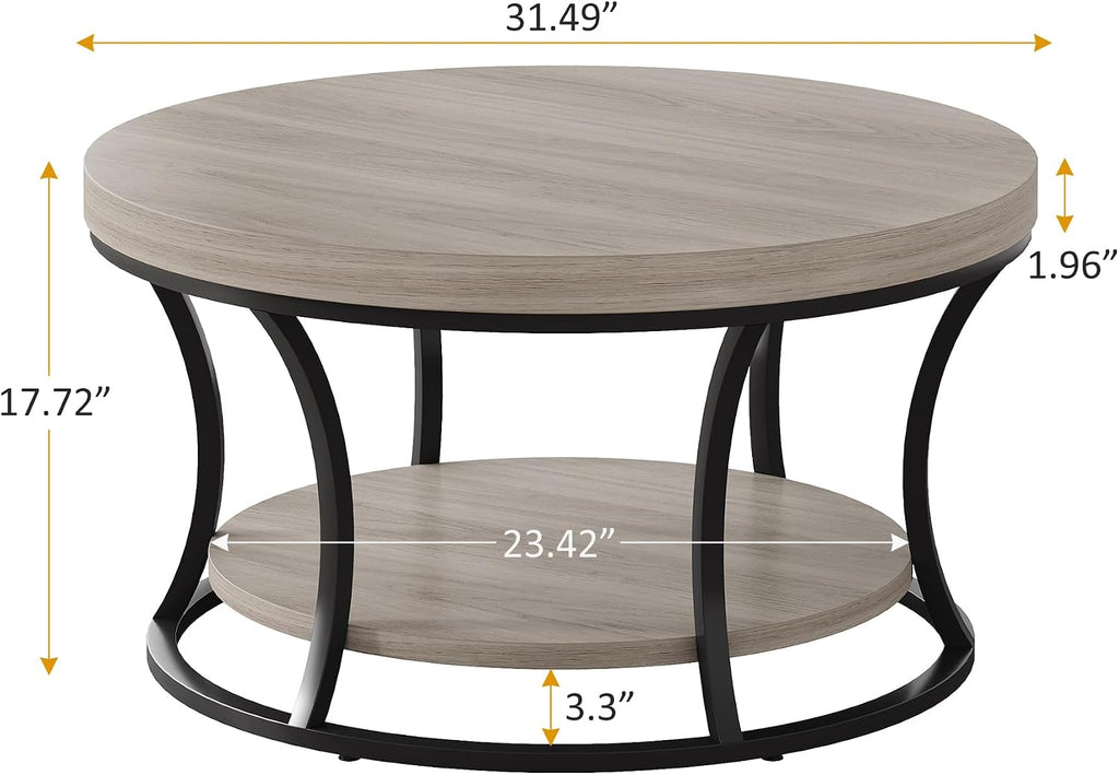 Round Coffee Table for Living Room, 2-Tier Circle Coffee Table with Storage, Accent Center Table Modern Design, Gray Brown and Black