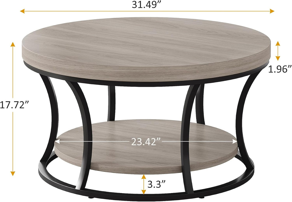 Round Coffee Table for Living Room, 2-Tier Circle Coffee Table with Storage, Accent Center Table Modern Design, Gray Brown and Black