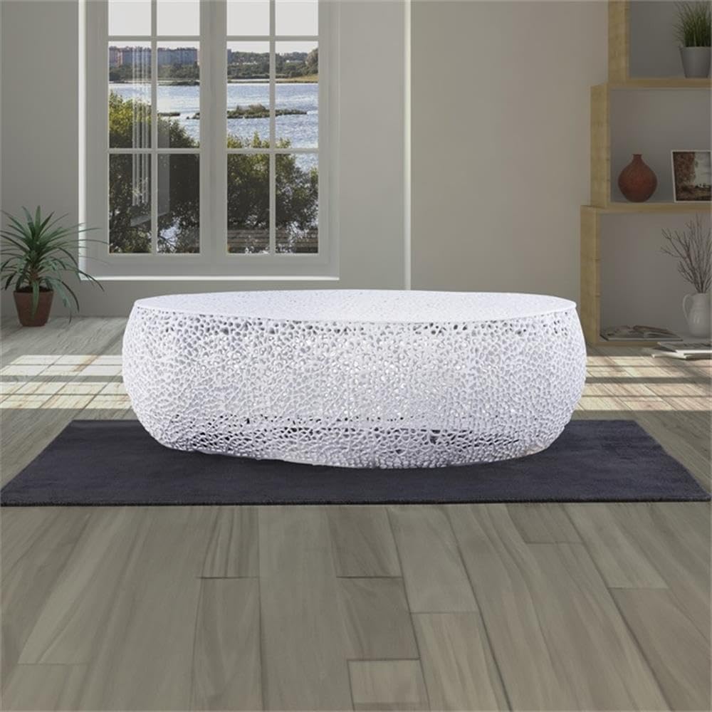 Pemberly Row Oval Coffee Table, 51' W x 29.50' D x 16' H, Aluminum Frame, White Finish, Modern and Contemporary Style, Durable Living Room Centerpiece for Residential Use