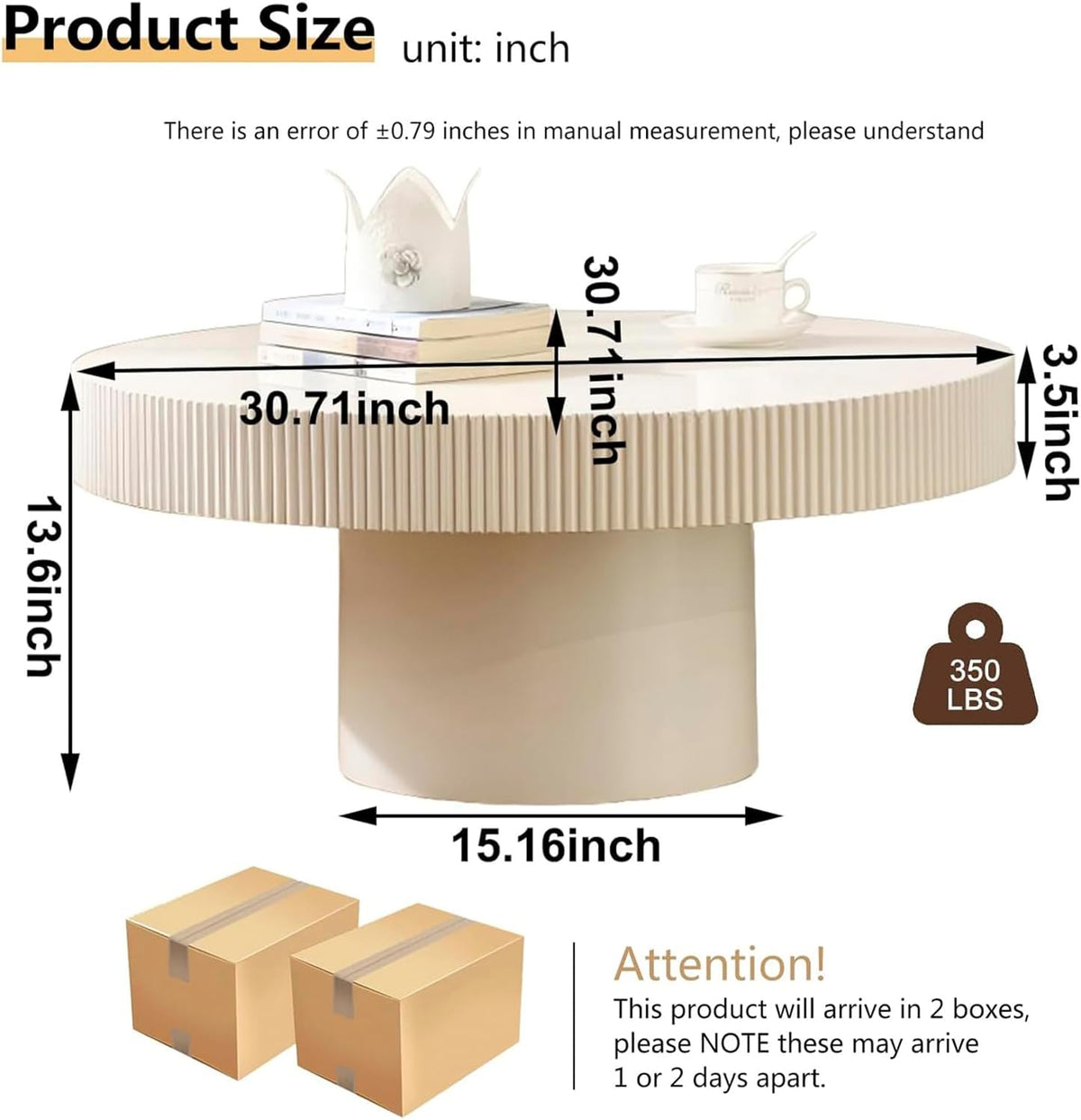30.7'' Modern Fluted Round Coffee Table for Living Room, Drum Circle Coffee Table with Sturdy Pedestal, Small Round Center Table Contemporary Tea Table Funky Side Table for Apartmen,White,Fluted