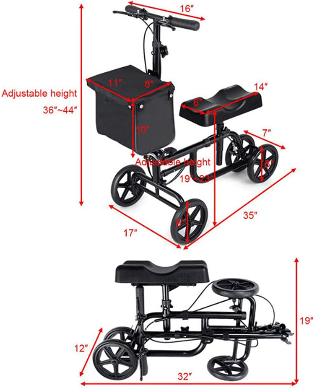 Mobility Walker Knee Walker Lightweight for Seniors Folding Walker for Elderly Disability Aids Rollator Walker Adjustable with Wheels Basket(