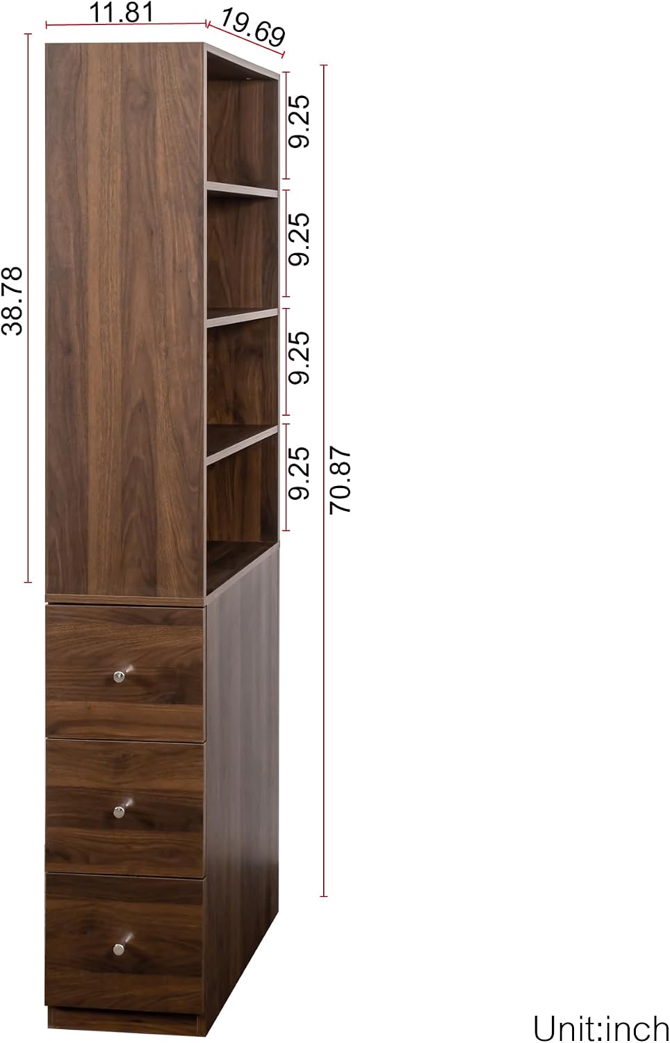 70.87' H Display Storage Cabinet, Narrow Wooden Corner Cabinet with 4-Tier Shelves and 3 Side Drawers, Tall Bookshelf and Bookcase for Living Room Home Office, Walnut