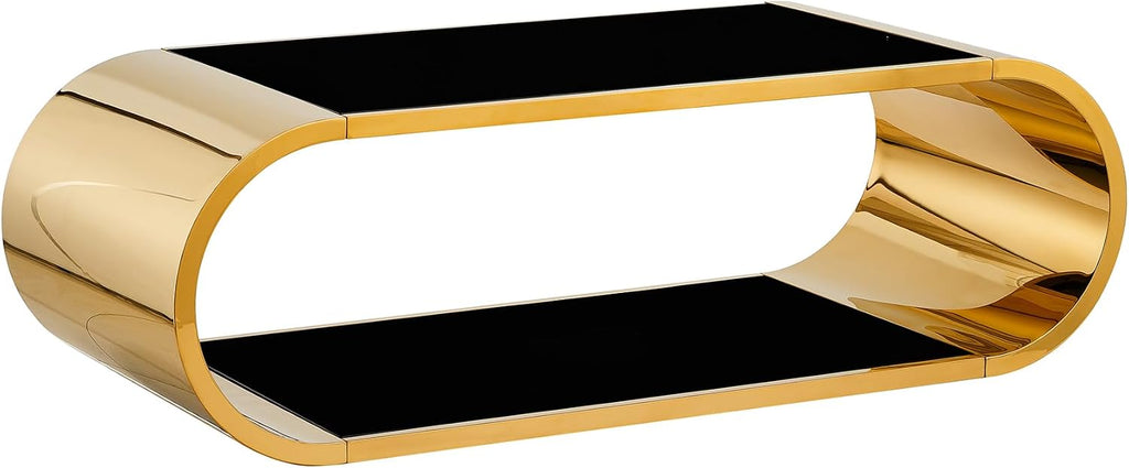 Luxrious Gold Coffee Table with Black Glass Top Living Room Tea Table with Gold Stainless Steel Base,57'